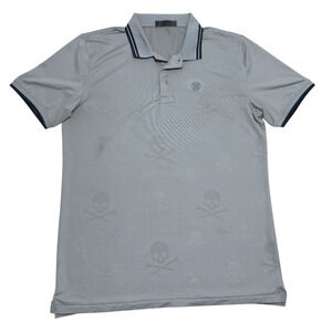 G/Fore Skull & Ts Debossed Golf Polo Shirt Mens L Gray AOP Performance *Read